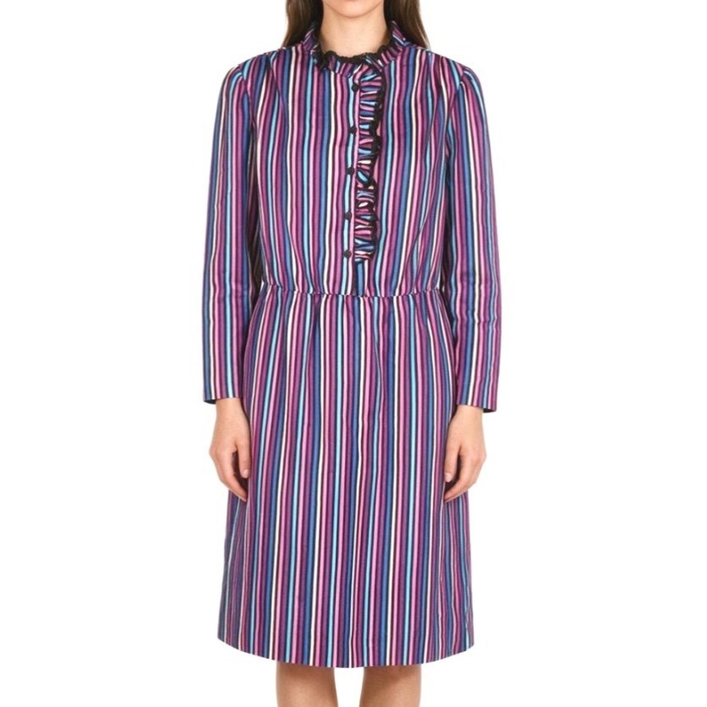 VTG SUPER SIMON Shirt Dress Purple/Black/Multi Stripe GEORGETTE w/RUFFLE TRIM 16
